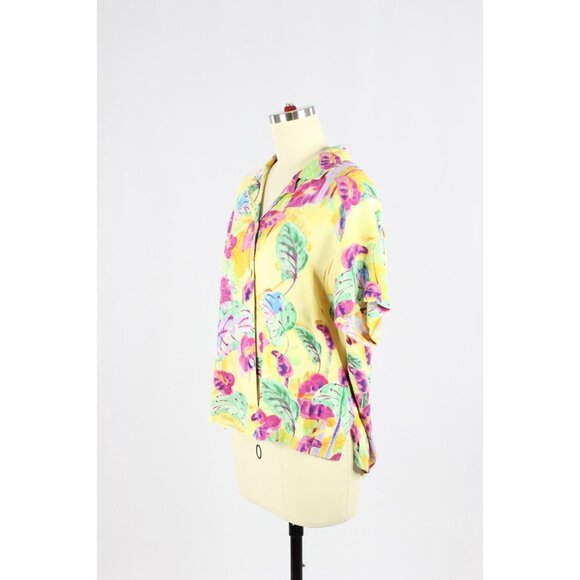 Vintage 90's JAMS WORLD Yellow Floating Garden Twill Camp Shirt Blouse, Size M - Picture 4 of 13